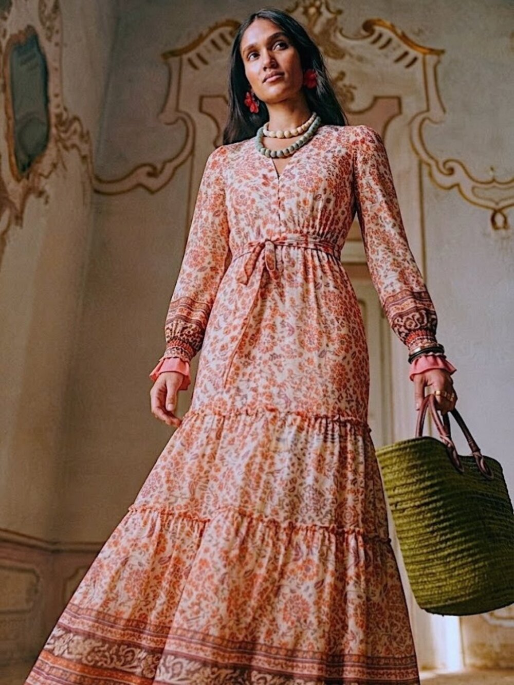 Fate Bohemian Print Tie Waist Tiered Women's Maxi Dress - Size Medium